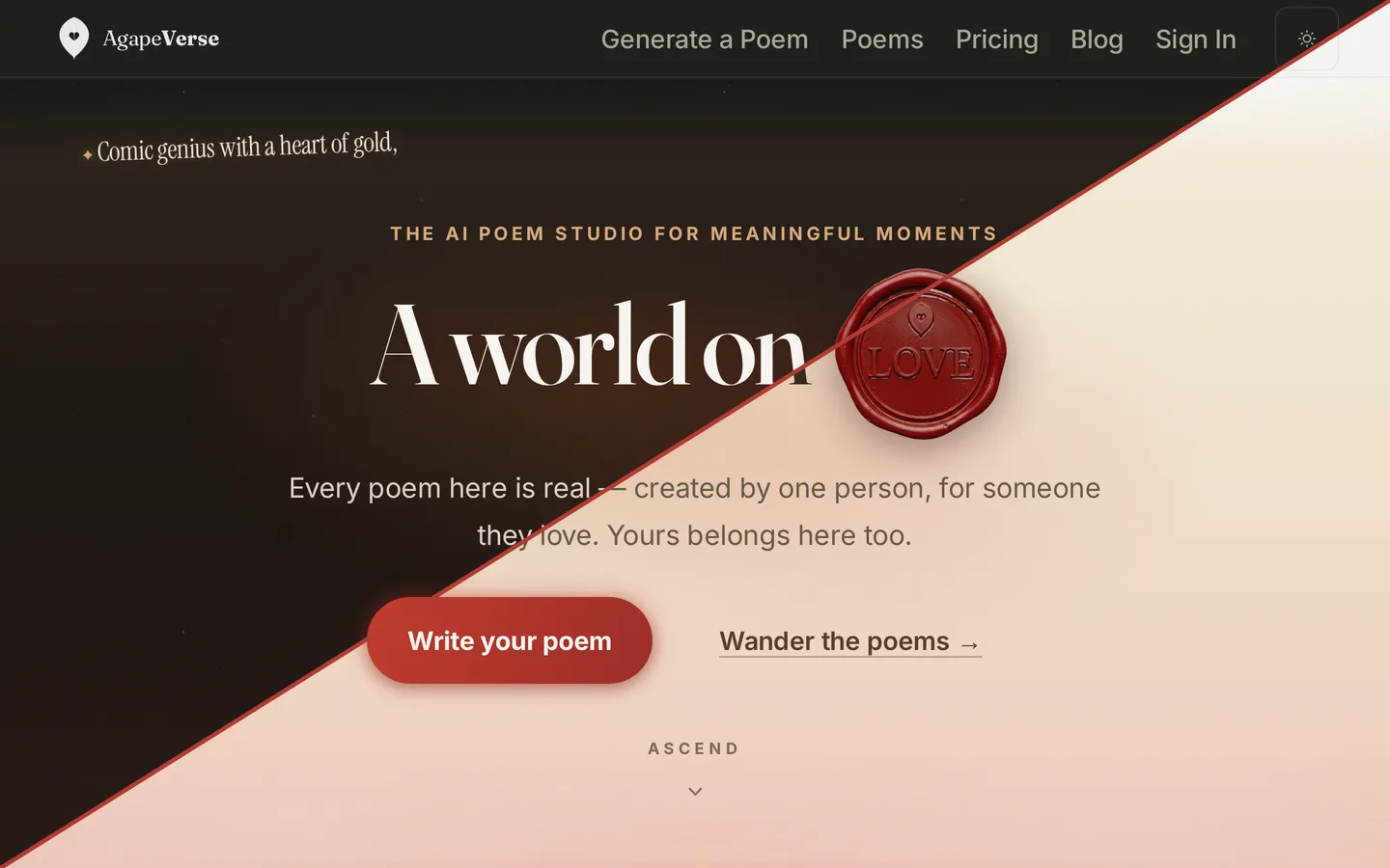 The new AgapeVerse home page, split diagonally to show dark and light mode, with the "A world on love" wax-seal hero