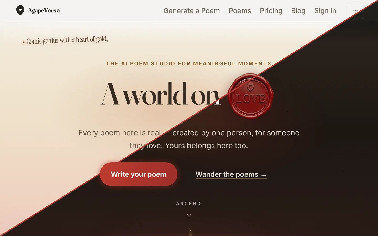 The new AgapeVerse home page, split diagonally to show light and dark mode, with the "A world on love" wax-seal hero