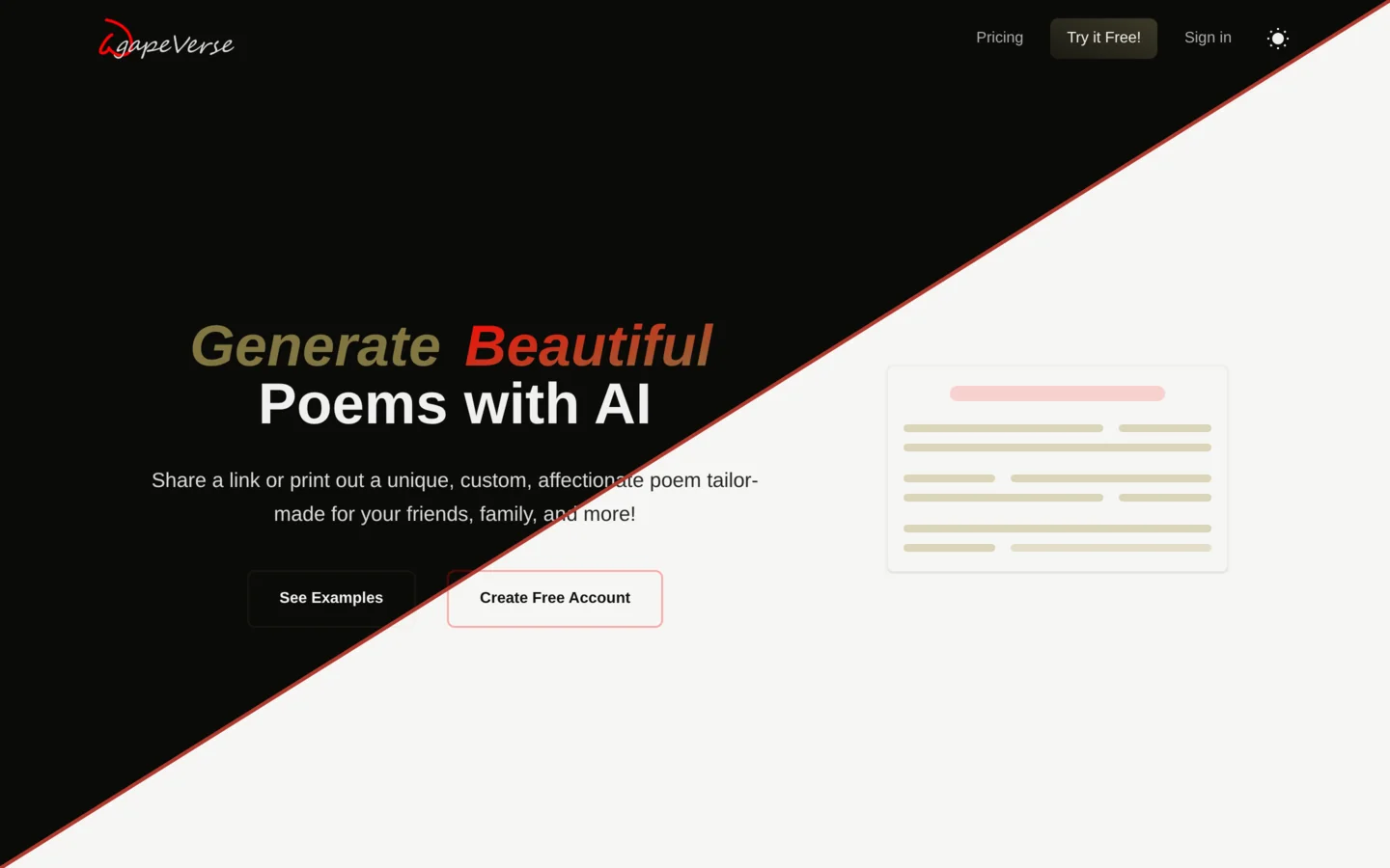 The old AgapeVerse home page, split diagonally to show dark and light mode side by side
