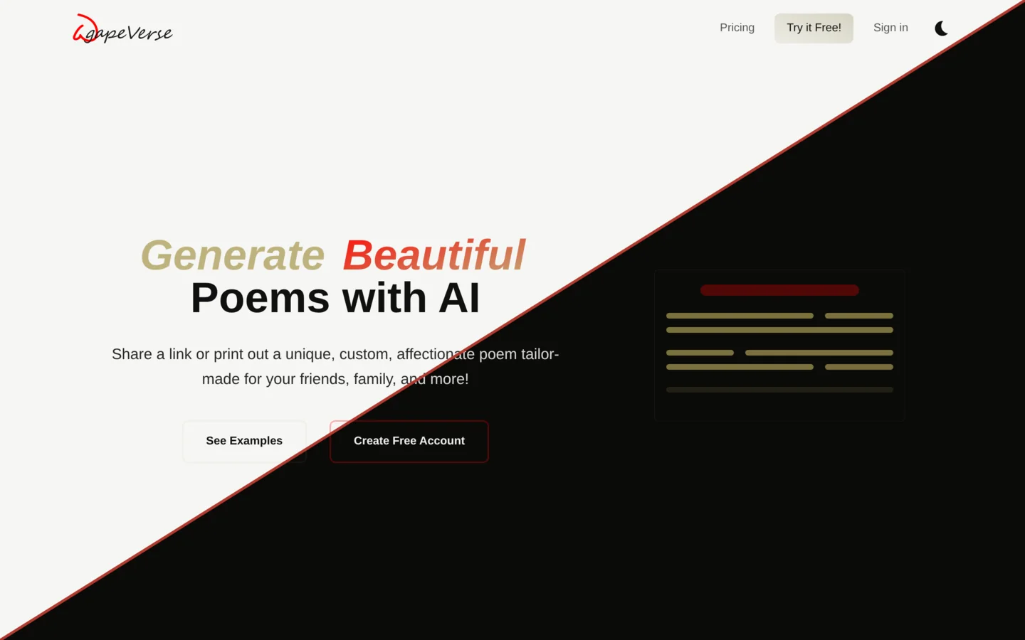The old AgapeVerse home page, split diagonally to show light and dark mode side by side