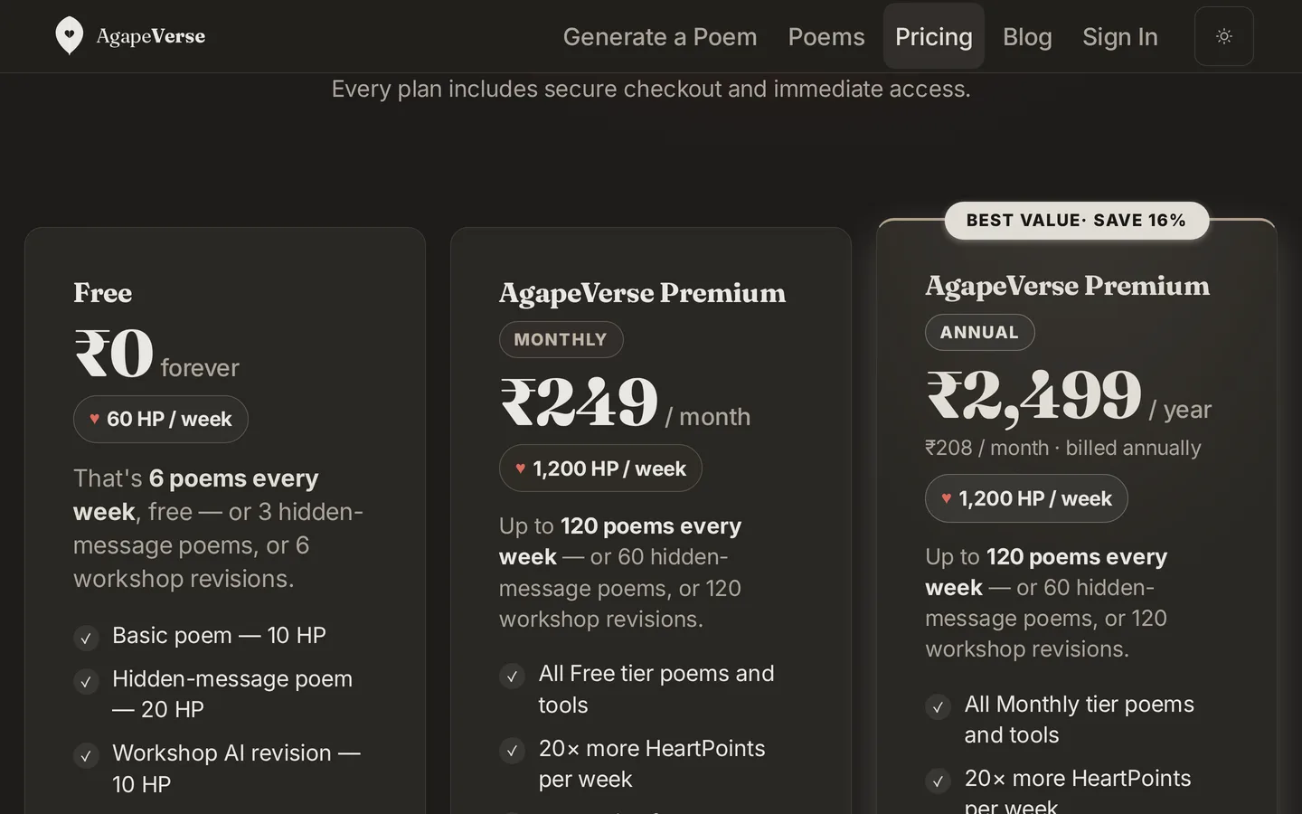 The pricing page as seen from India, in dark mode — Free, Monthly and Annual plans priced in rupees