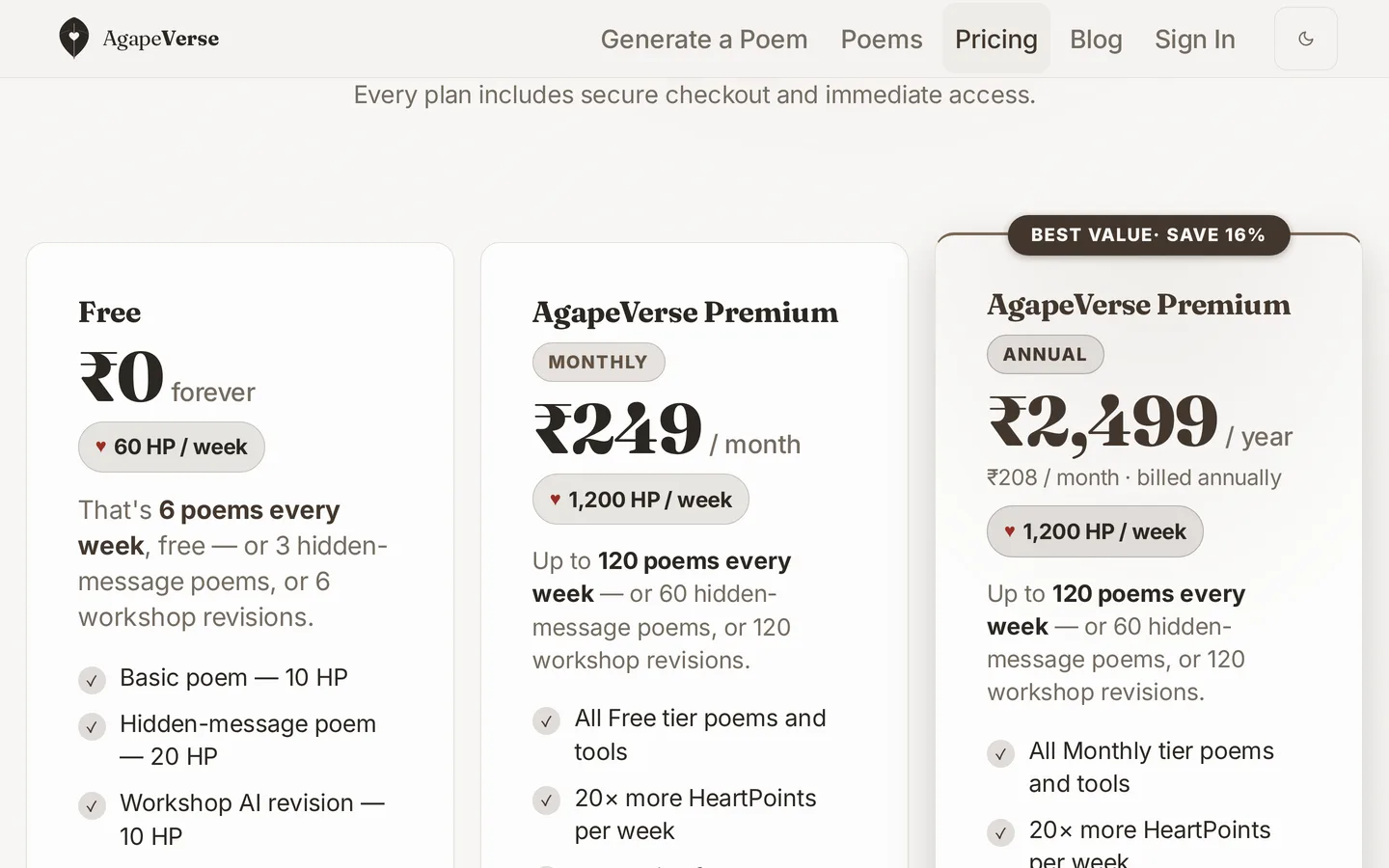 The pricing page as seen from India, in light mode — Free, Monthly and Annual plans priced in rupees