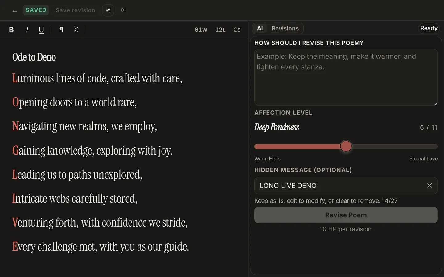The Workshop editing a poem in dark mode — acrostic letters highlighted in sealing-wax red, with the AI revision panel, affection level, and hidden message